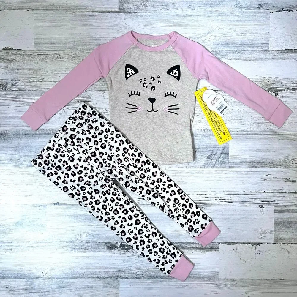 🍄3/$15 Wonder Nation Pajama Set Girls 2T Two Piece Leopard Cat Sleepwear
